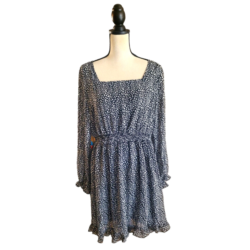 Fashion Black & White Animal Print Chiffon Square Neck Ruffle Dress XL NWT